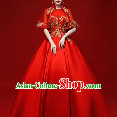 Chinese Traditional National Red Wedding Dress Compere Chorus Costume Full Dress for Women