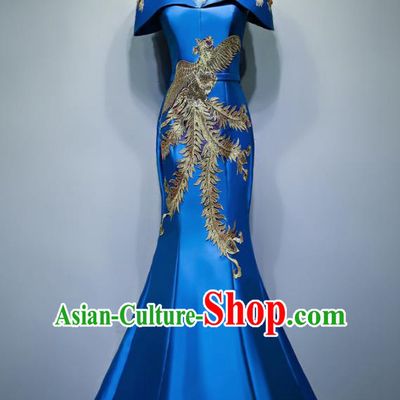 Chinese Traditional Embroidered Phoenix Blue Full Dress Compere Chorus Costume for Women