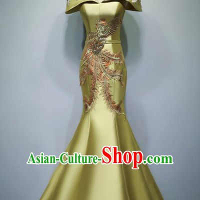 Chinese Traditional Embroidered Phoenix Yellow Full Dress Compere Chorus Costume for Women