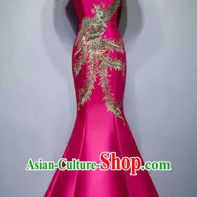 Chinese Traditional Embroidered Phoenix Rosy Full Dress Compere Chorus Costume for Women