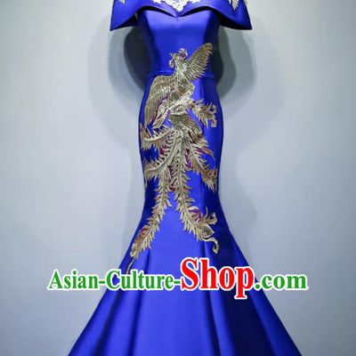 Chinese Traditional Embroidered Phoenix Royalblue Full Dress Compere Chorus Costume for Women