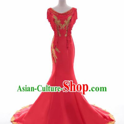 Chinese Traditional Embroidered Phoenix Wedding Red Full Dress Compere Chorus Costume for Women