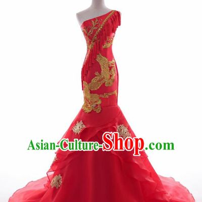Chinese Traditional Embroidered Dragon Wedding Red Full Dress Compere Chorus Costume for Women