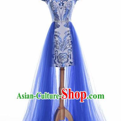 Chinese Traditional Blue Veil Cheongsam Full Dress Compere Chorus Costume for Women