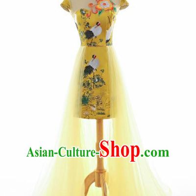 Chinese Traditional Yellow Veil Cheongsam Full Dress Compere Chorus Costume for Women