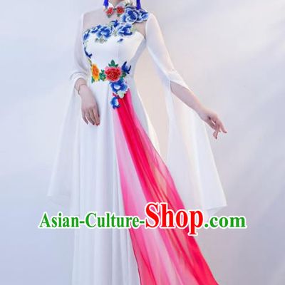 Chinese Traditional National White Cheongsam Compere Chorus Costume Full Dress for Women