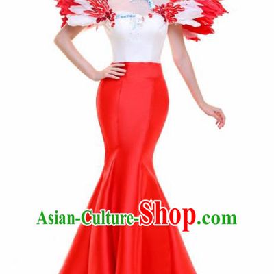 Top Grade Catwalks Feather Red Trailing Full Dress Compere Chorus Costume for Women
