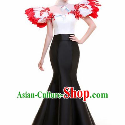Top Grade Catwalks Feather Black Trailing Full Dress Compere Chorus Costume for Women