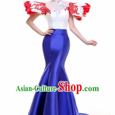Top Grade Catwalks Feather Royalblue Trailing Full Dress Compere Chorus Costume for Women