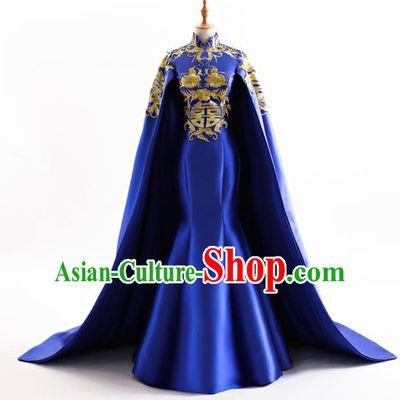 Chinese Traditional Cheongsam Wedding Royalblue Full Dress Compere Chorus Costume for Women