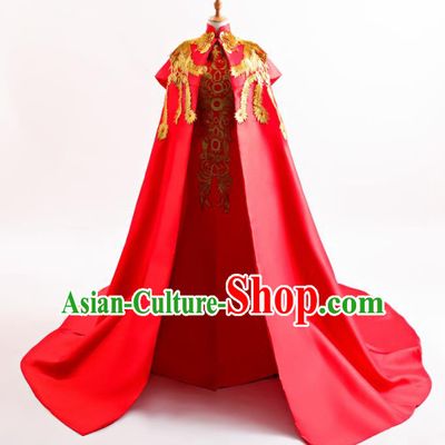 Chinese Traditional Cheongsam Wedding Red Full Dress Compere Chorus Costume for Women