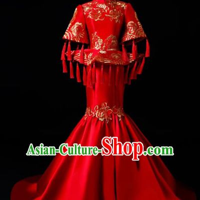Chinese Traditional National Red Cheongsam Compere Chorus Costume Full Dress for Women