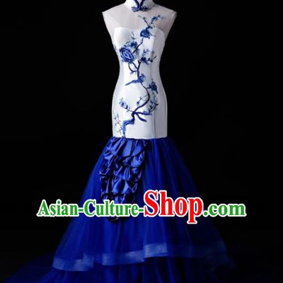 Chinese Traditional National Blue Veil Mermaid Cheongsam Compere Chorus Costume Full Dress for Women