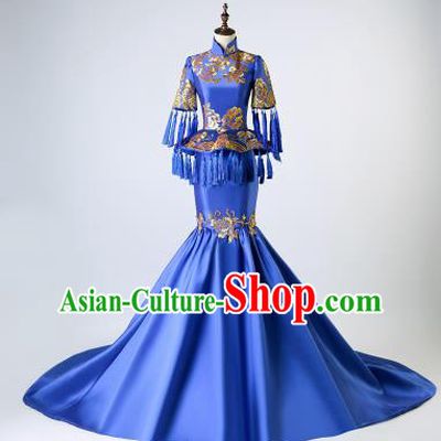 Chinese Traditional National Blue Mermaid Cheongsam Compere Chorus Costume Full Dress for Women