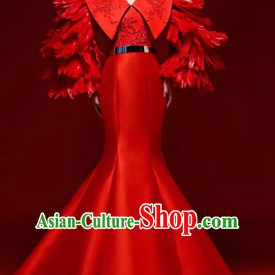 Top Grade Wedding Red Feather Mermaid Full Dress Compere Chorus Costume for Women