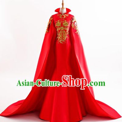 Chinese Traditional Embroidered Peony Cheongsam Red Full Dress Compere Chorus Costume for Women