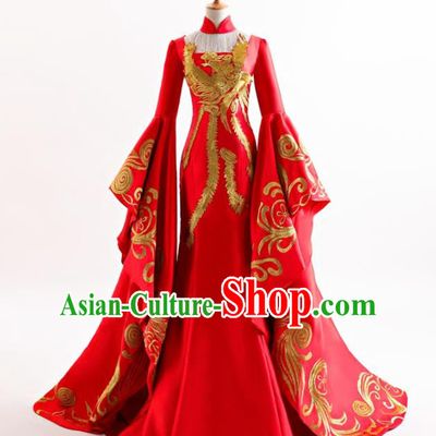 Chinese Traditional Embroidered Red Cheongsam Full Dress Compere Chorus Costume for Women