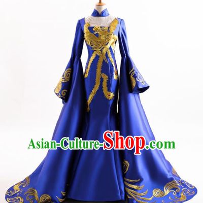 Chinese Traditional Embroidered Royalblue Cheongsam Full Dress Compere Chorus Costume for Women