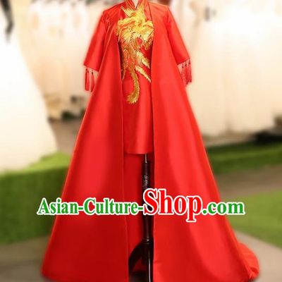 Chinese Traditional Embroidered Red Cheongsam Full Dress Compere Chorus Costume for Women