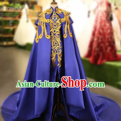 Chinese Traditional Embroidered Blue Cheongsam Full Dress Compere Chorus Costume for Women