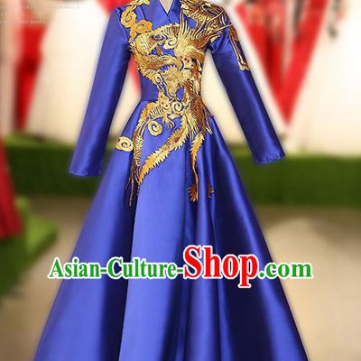 Chinese Traditional Embroidered Phoenix Full Dress Compere Chorus Costume for Women