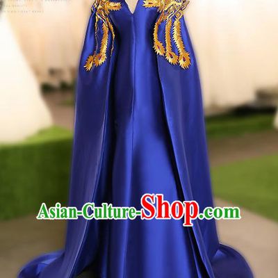 Chinese Traditional Embroidered Phoenix Cloak Blue Full Dress Compere Chorus Costume for Women