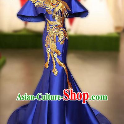 Chinese Traditional Embroidered Phoenix Blue Full Dress Compere Chorus Costume for Women