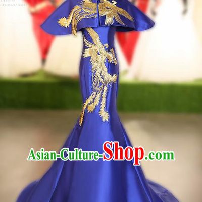 Chinese Traditional Embroidered Phoenix Royalblue Full Dress Compere Chorus Costume for Women