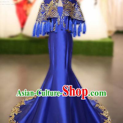 Chinese Traditional Embroidered Royalblue Full Dress Compere Chorus Costume for Women