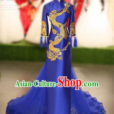 Chinese Traditional Embroidered Dragon Royalblue Full Dress Compere Chorus Costume for Women