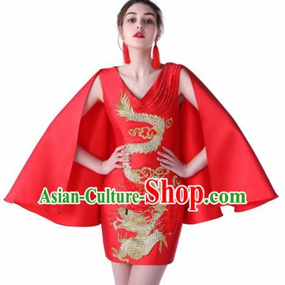 Chinese Traditional Embroidered Dragon Red Short Full Dress Compere Chorus Costume for Women