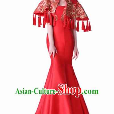 Chinese Traditional Embroidered Red Full Dress Compere Chorus Costume for Women