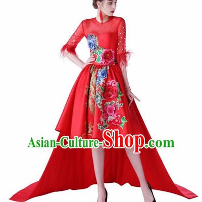 Chinese Traditional Embroidered Peony Red Full Dress Compere Chorus Costume for Women