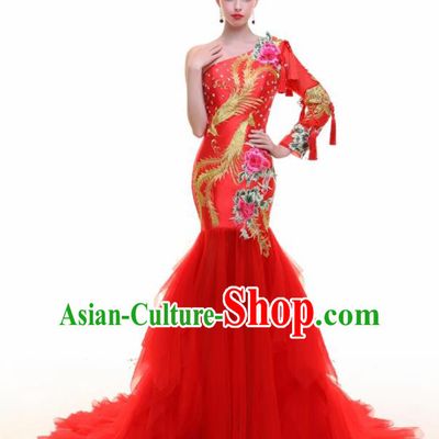 Chinese Traditional Embroidered Phoenix Peony Red Full Dress Compere Chorus Costume for Women