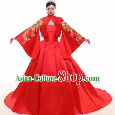 Chinese Traditional Embroidered Trailing Red Full Dress Compere Chorus Costume for Women