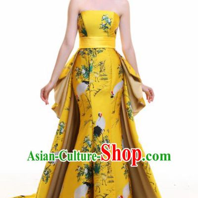 Chinese Traditional Yellow Trailing Full Dress Compere Chorus Costume for Women