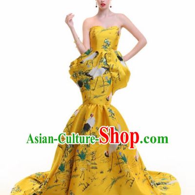 Chinese Traditional Cheongsam Yellow Trailing Full Dress Compere Chorus Costume for Women