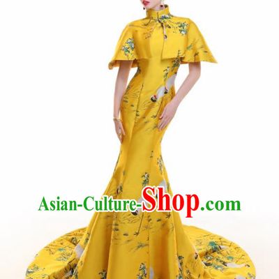 Chinese Traditional Yellow Trailing Cheongsam Full Dress Compere Chorus Costume for Women