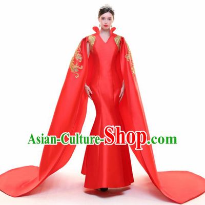 Chinese Traditional Red Cloak Full Dress Compere Chorus Costume for Women