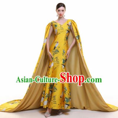 Chinese Traditional Yellow Cloak Full Dress Compere Chorus Costume for Women