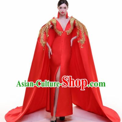 Chinese Traditional Embroidered Phoenix Red Cloak Full Dress Compere Chorus Costume for Women