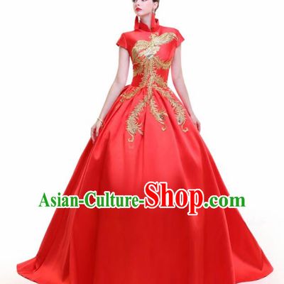 Chinese Traditional Embroidered Phoenix Red Bubble Full Dress Compere Chorus Costume for Women