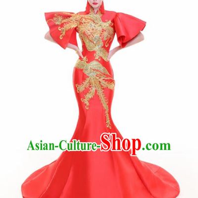 Chinese Traditional Embroidered Phoenix Red Cheongsam Full Dress Compere Chorus Costume for Women