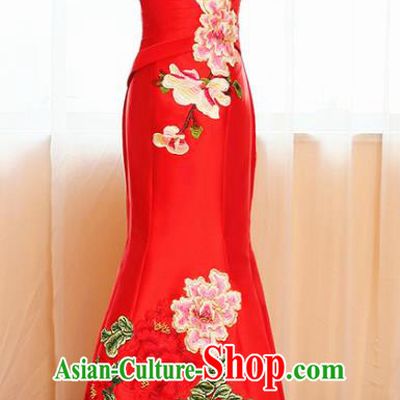Chinese Traditional Embroidered Peony Off Shoulder Red Full Dress Compere Chorus Costume for Women