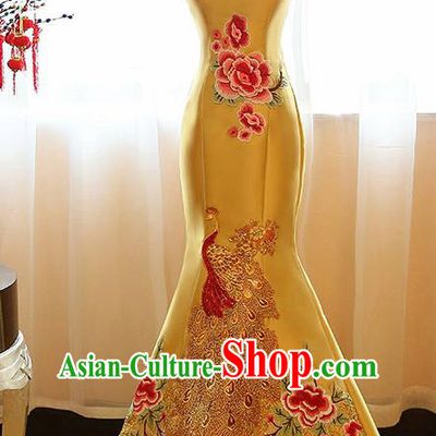 Chinese Traditional Compere Yellow Full Dress Cheongsam Chorus Costume for Women