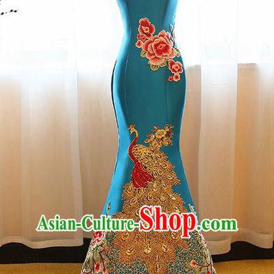 Chinese Traditional Compere Peacock Blue Full Dress Cheongsam Chorus Costume for Women