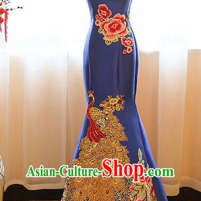 Chinese Traditional Compere Royalblue Full Dress Cheongsam Chorus Costume for Women