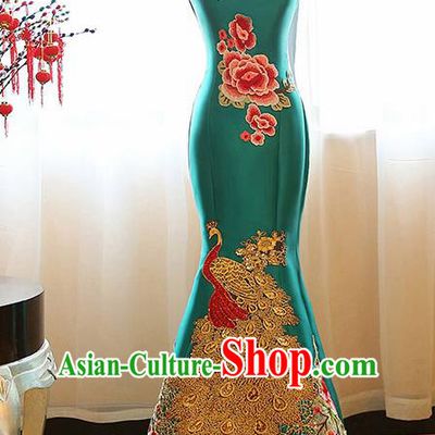 Chinese Traditional Compere Green Full Dress Cheongsam Chorus Costume for Women