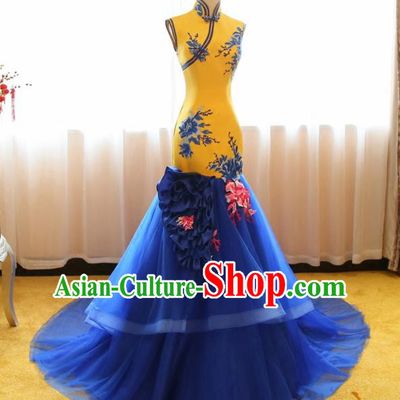 Chinese Traditional Compere Full Dress Catwalks Cheongsam Chorus Costume for Women