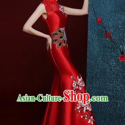 Chinese Traditional Compere Full Dress Embroidered Mangnolia Red Cheongsam Chorus Costume for Women